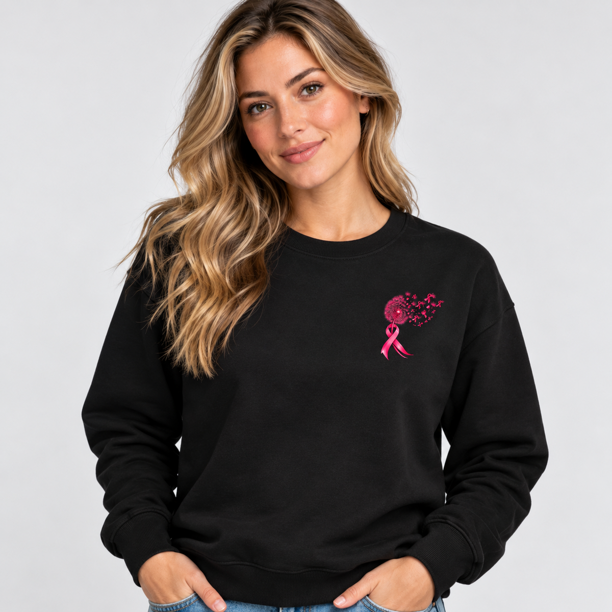 Hope Pink Ribbon Dandelion Crewneck front view
