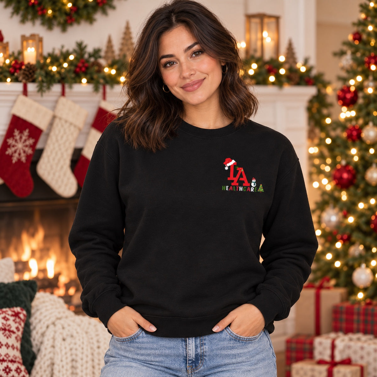 Christmas LA Healthcare black crewneck front view
