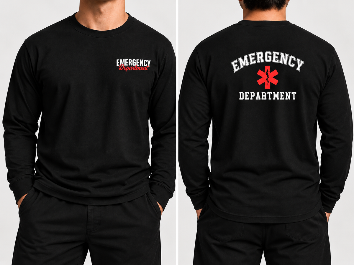 Black Emergency Department long sleeve tee showing front left chest logo and back graphic