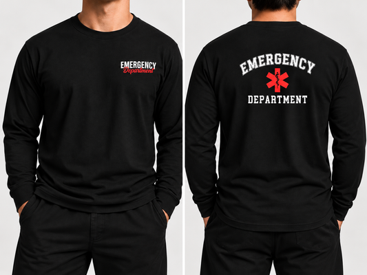 Black Emergency Department long sleeve tee showing front left chest logo and back graphic