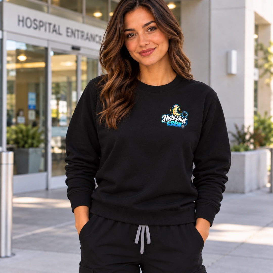 Night Shift Crew black crewneck sweater front view