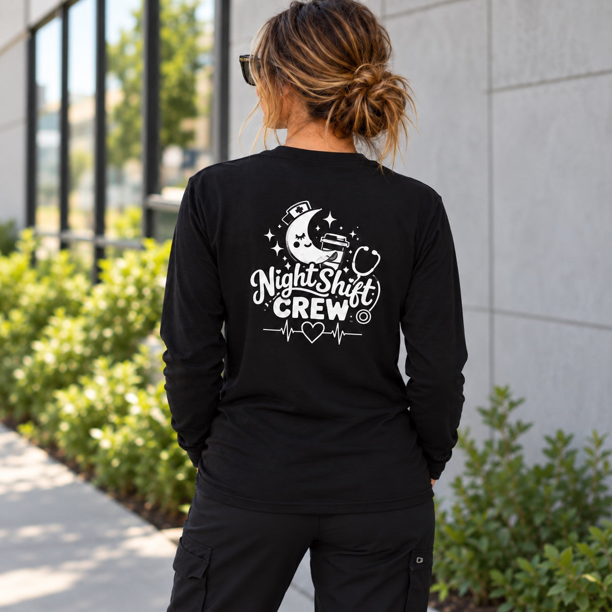 Night Shift Crew black long sleeve tee back view