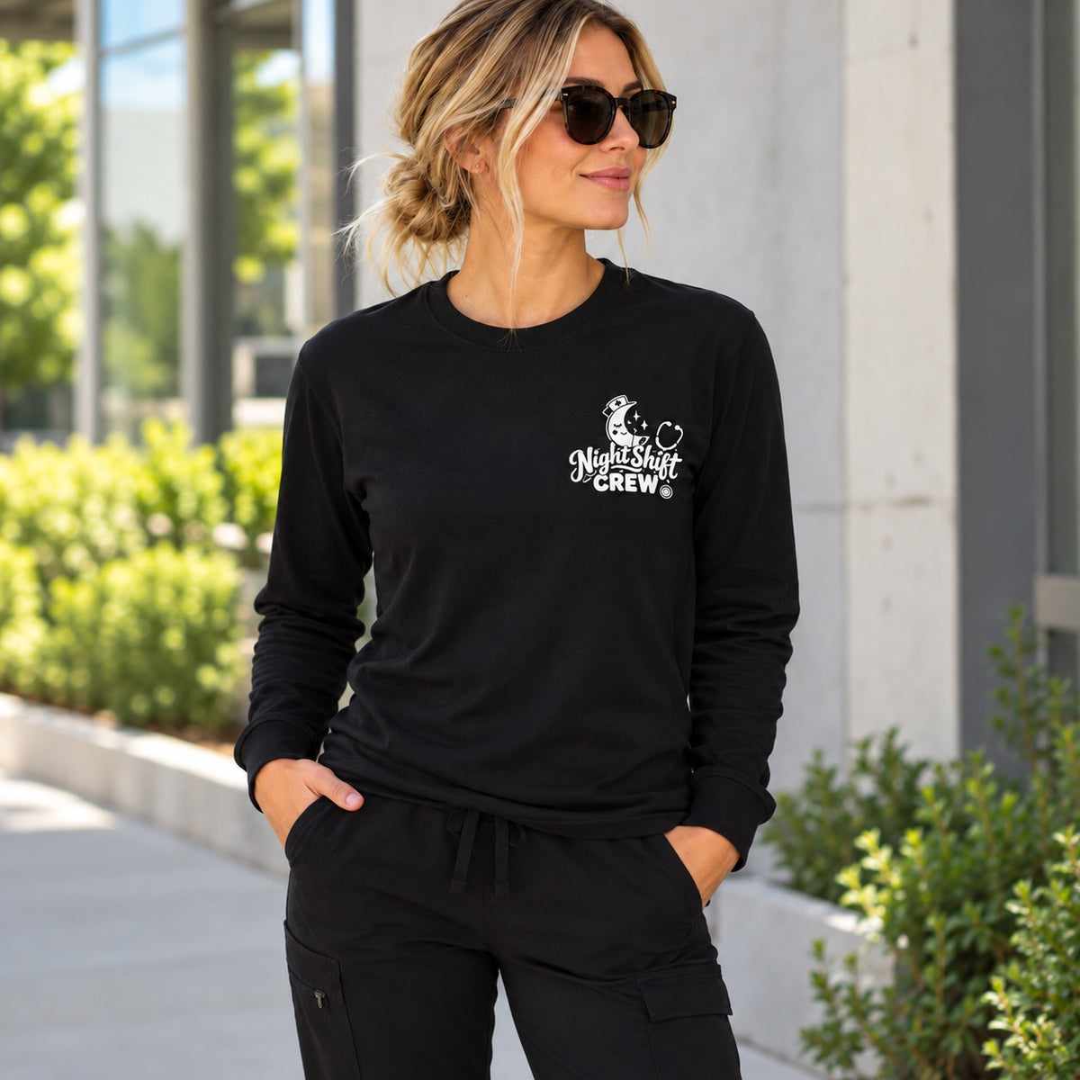 Night Shift Crew black long sleeve tee front view